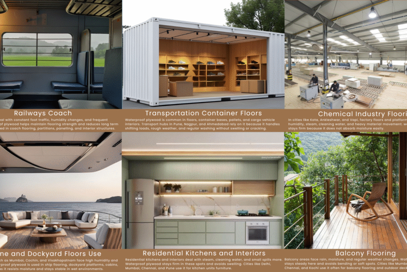 Waterproof plywood in industrial applications, Durable plywood for kitchens and balconies, Strength and reliability of waterproof plywood across sectors, Uses of waterproof plywood in marine and chemical industries, Long-lasting waterproof plywood for heavy-load areas
